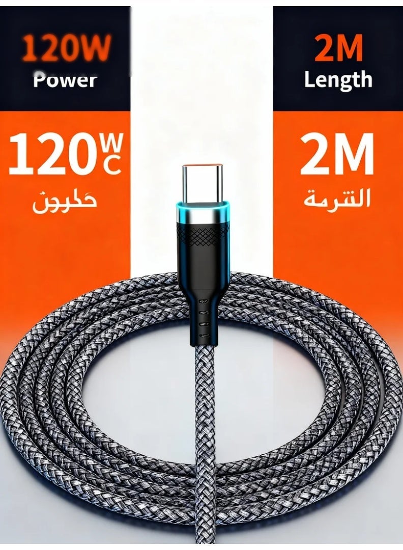وبوت جي سي سي كابل شحن USB-C سريع بقوة 120W وتيار 6A | سلك شحن سريع بطول 2 متر مع تصميم نايلون مضفر متين ومقاوم للانثناء | كابل Type-C طويل يدعم شحن PD/QC عالي السرعة ونقل البيانات بسرعة لجميع هواتف وأجهزة USB-C مثل الأجهزة اللوحية وبنوك الطاقة والشواحن المنزلية والسيارة - Image 1